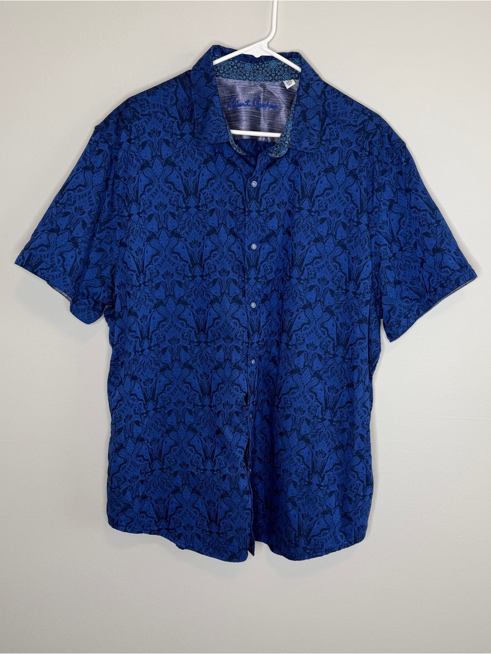 Robert Graham Blue Black Damask Print Highland Button Up Shirt 3XL Short Sleeve